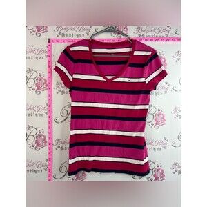 Tommy Hilfiger T-shirt tee white red Pink and Navy Striped V-Neck Tee